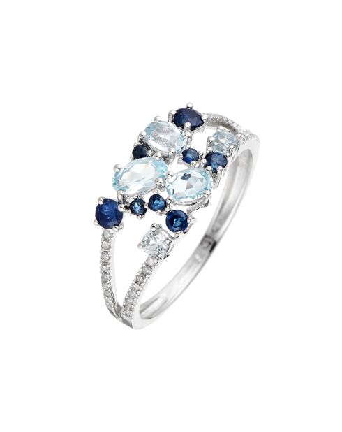Bague Saphir Elixir Diamants 0.10 ct, Saphirs 0.5 ct & Topazes 1.03 ct or blanc