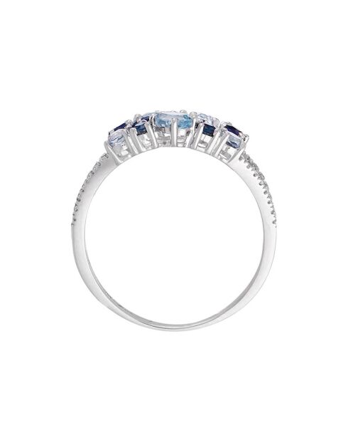 Bague Saphir Elixir Diamants 0.10 ct, Saphirs 0.5 ct & Topazes 1.03 ct or blanc