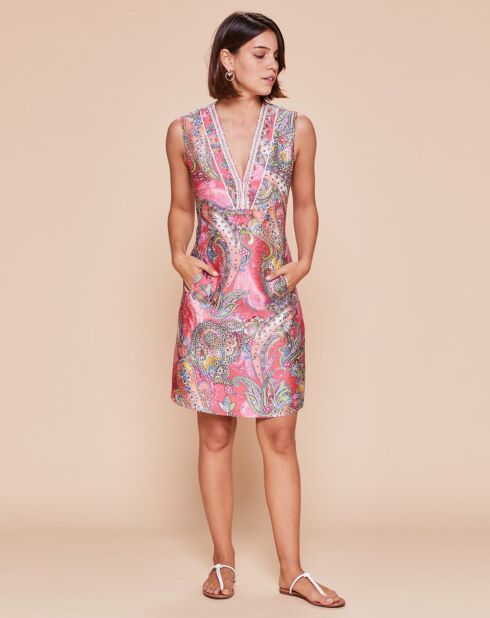 Robe courte droite Florette tresse fantaisie & perles à l'encolure rose