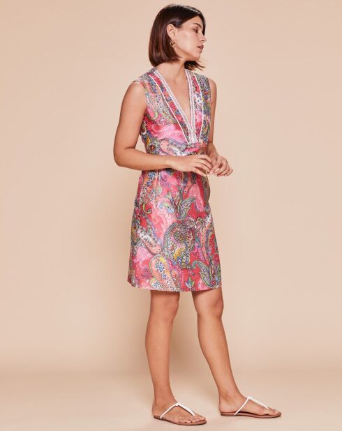 Robe courte droite Florette tresse fantaisie & perles à l'encolure rose