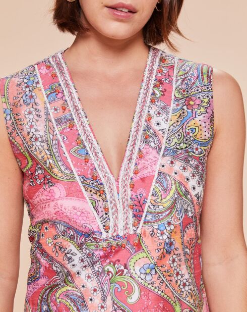 Robe courte droite Florette tresse fantaisie & perles à l'encolure rose