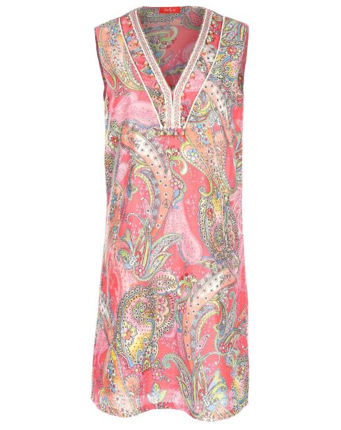 Robe courte droite Florette tresse fantaisie & perles à l'encolure rose