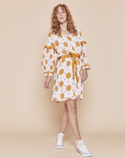 Robe Fluidite-D courte petits volants ajourés écrue
