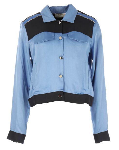 Disco-D spijkerjack met contrasterende blauw/donkerblauwe satijnen banden