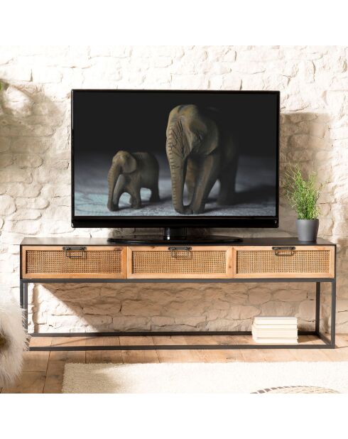 Meuble TV en métal 3 tiroirs cannage noir - 150x40x50 cm