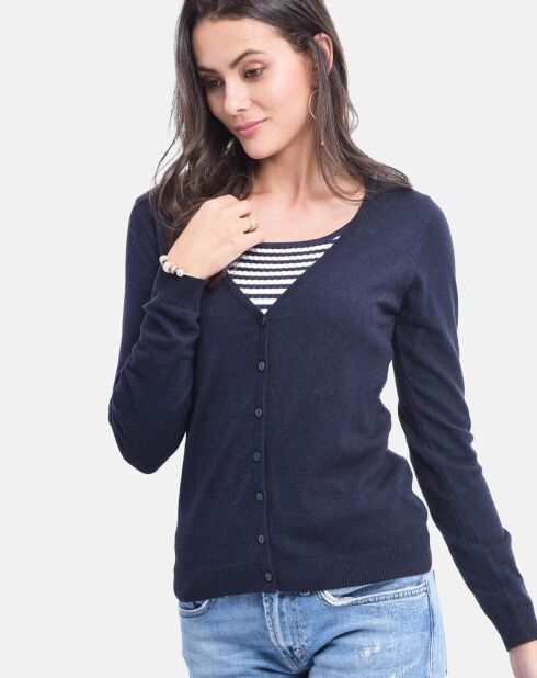 Cardigan en Cachemire & Soie mélangés Boutonné bleu nuit