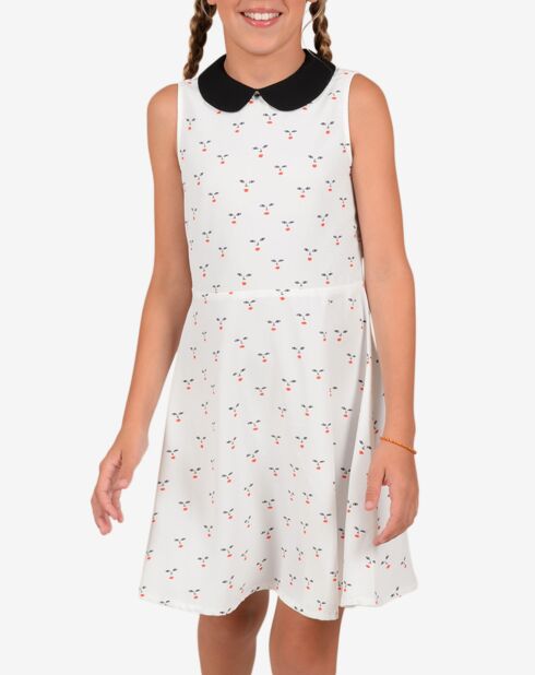 Robe trapèze à col claudine blanc/rouge