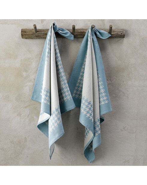 2 Geschirrtücher mit Hahnentrittmuster beige/blau - 66x66 cm