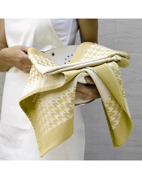 2 Torchons Pied de Poule beige/jaune - 66x66 cm