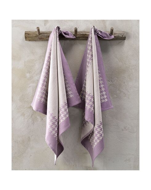 2 Torchons Pied de Poule beige/mauve - 66x66 cm
