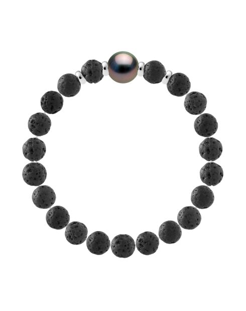 Tahiti-Silberarmband, Tahiti-Perle und schwarze Lavasteine