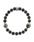 Armband aus Tahiti-Silber, 2 eingekreiste Tahitiperlen und schwarze Lavasteine