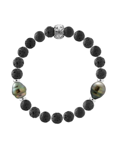 Armband aus Tahiti-Silber, 2 eingekreiste Tahitiperlen und schwarze Lavasteine