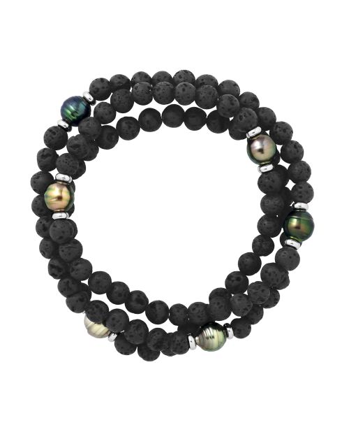 Armband aus Tahiti-Silber, 6 eingekreiste Tahitiperlen und schwarze Lavasteine