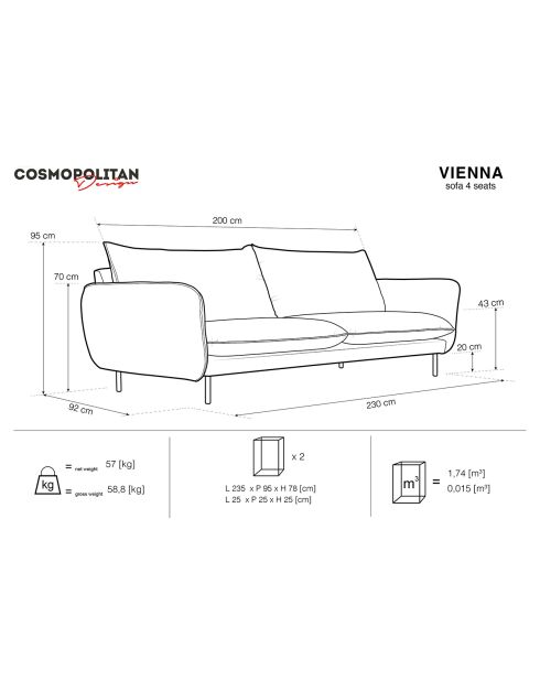 Canapé 4 places en Tissu Vienna gris clair - 230x92x95 cm