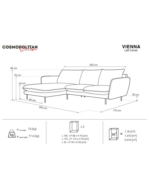 Canapé d'Angle Gauche en Tissu Vienna gris foncé - 255x170x95 cm