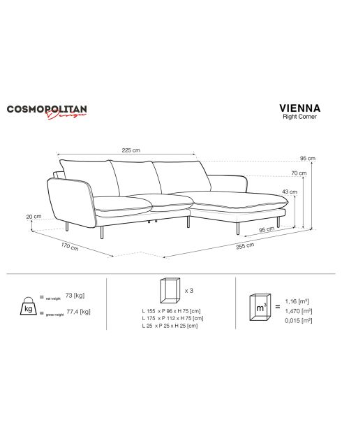 Canapé d'Angle Droit en Tissu Vienna gris clair - 255x170x95 cm