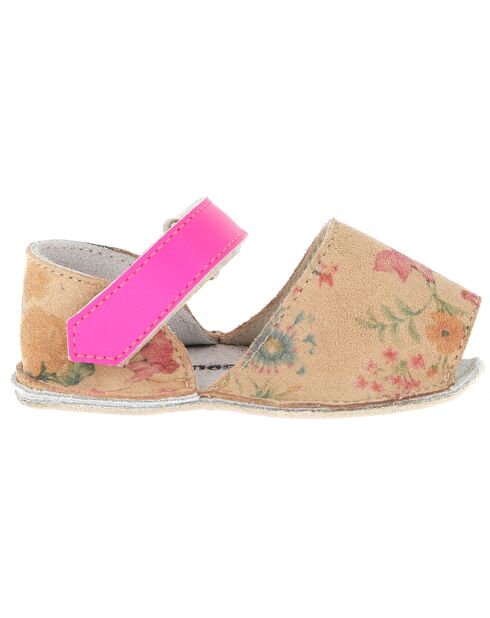 Ledersandalen aus Samt in Kamelfarben/Rosa mit Blumenmuster
