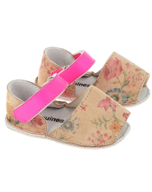 Ledersandalen aus Samt in Kamelfarben/Rosa mit Blumenmuster