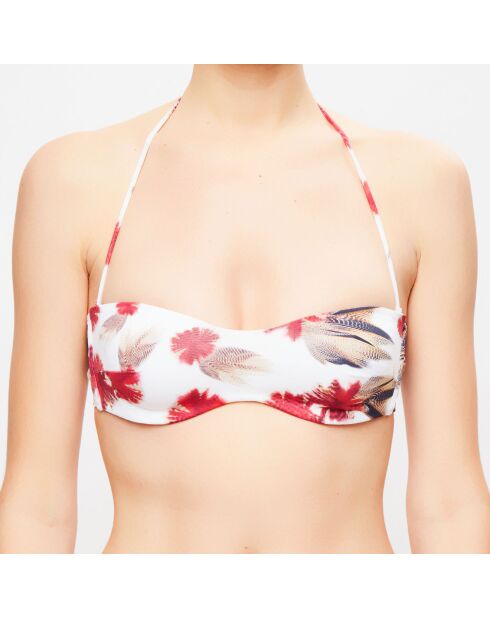 Haut de maillot bandeau Fleur de Plume fleuri blanc/rouge