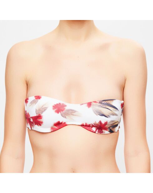 Haut de maillot bandeau Fleur de Plume fleuri blanc/rouge