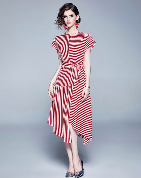 Rood/wit gestreepte asymmetrische jurk