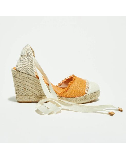 Espadrilles aus safranfarbenem Textil mit Keilabsatz, 7,5 cm Absatz