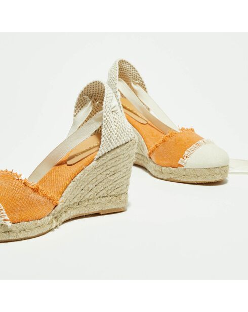 Espadrilles aus safranfarbenem Textil mit Keilabsatz, 7,5 cm Absatz