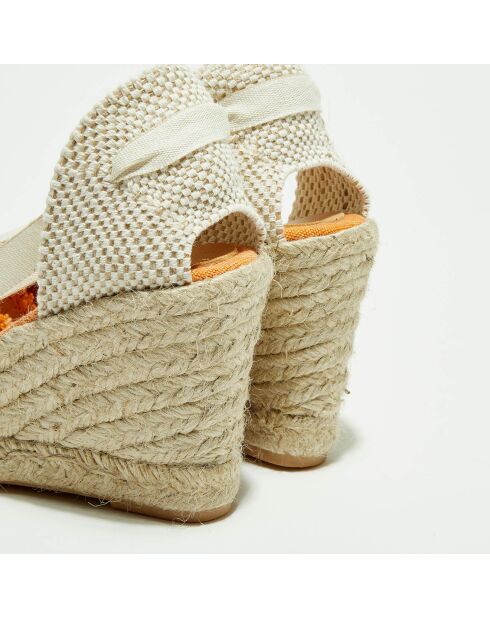 Espadrilles aus safranfarbenem Textil mit Keilabsatz, 7,5 cm Absatz