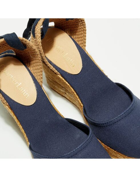 Marineblaue Espadrilles aus Textil mit Keilabsatz, 10 cm Absatz