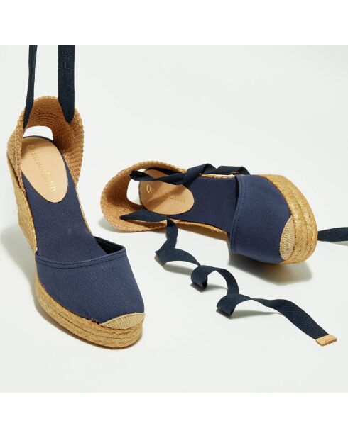 Marineblaue Espadrilles aus Textil mit Keilabsatz, 10 cm Absatz