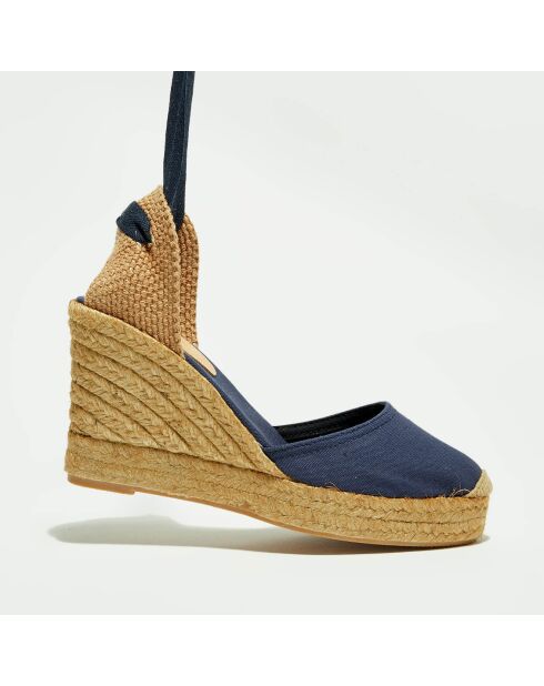 Marineblaue Espadrilles aus Textil mit Keilabsatz, 10 cm Absatz