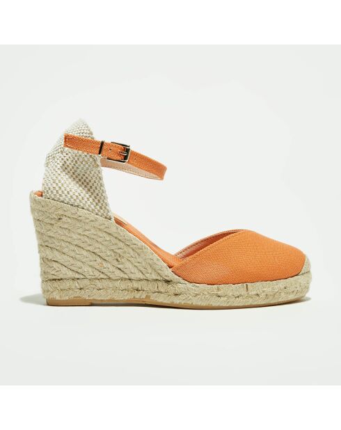 Espadrilles aus safranfarbenem Textil mit Keilabsatz, 6,5 cm Absatz