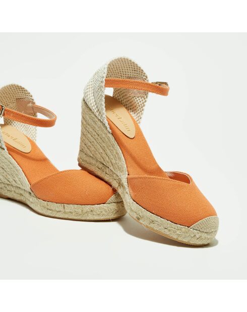 Espadrilles aus safranfarbenem Textil mit Keilabsatz, 6,5 cm Absatz