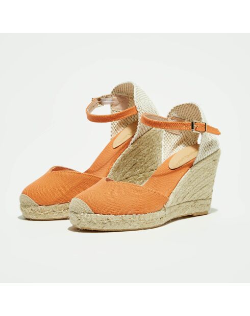 Espadrilles aus safranfarbenem Textil mit Keilabsatz, 6,5 cm Absatz