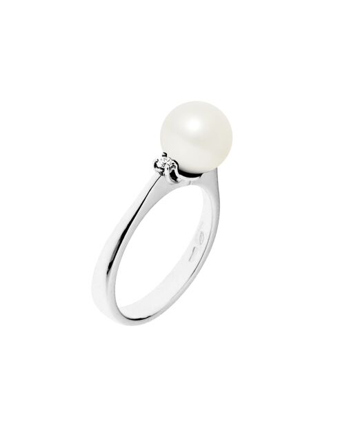 Bague Or Blanc, Diamants 0.06 ct et Perle d'Eau Douce blanche