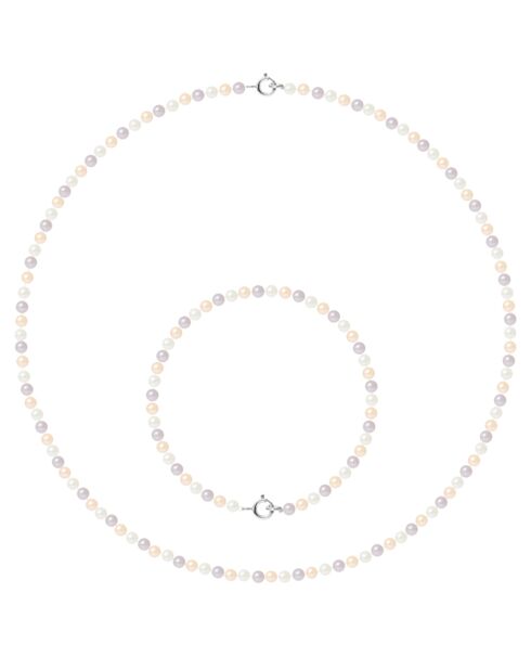 Parure Collier & Bracelet Or Blanc Perles d'Eau Douce roses