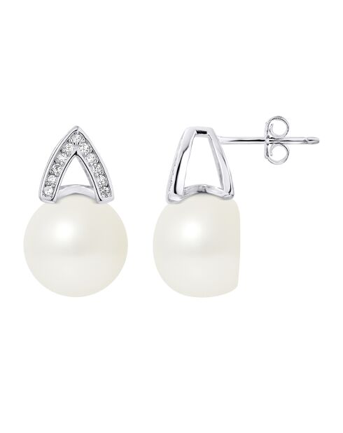 Arche oorbellen, gerhodineerd zilver, witte zoetwaterparels
