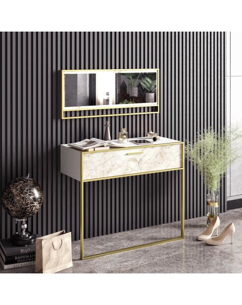 Ensemble Console et Miroir Polka Aynali doré/blanc -  90x38.5x76.8 cm