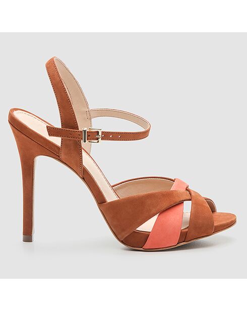 Sandales en Velours de Cuir Jiha cognac/corail - Talon 10 cm