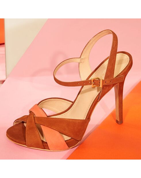 Sandales en Velours de Cuir Jiha cognac/corail - Talon 10 cm