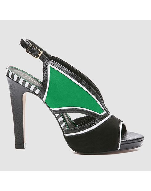 Sandales en Cuir et Velours de Cuir Lini noir/vert - Talon 11 cm