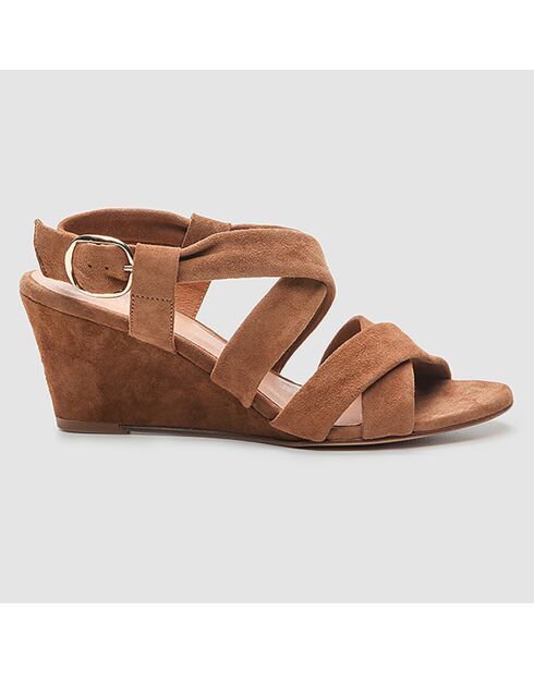 Sandales compensées en Velours de Cuir Valiya cognac - Talon 6 cm