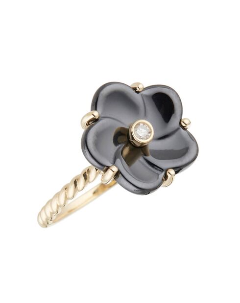 Zwarte keramische bloemenring diamanten 0,032 kt geelgoud