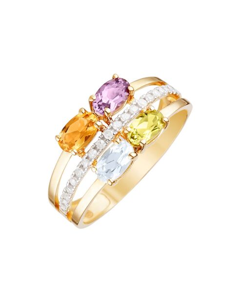 Cayuga Diamantring 0,10 ct, Peridot 0,27 ct, Peridot 0,27 ct, Topas 0,37 ct, Amethyst 0,23 ct und Citrin 0,22 ct Gelbgold