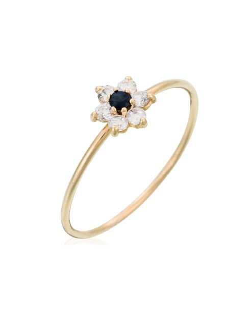 Ring aus Gelbgold mit blauer Blume und Saphir