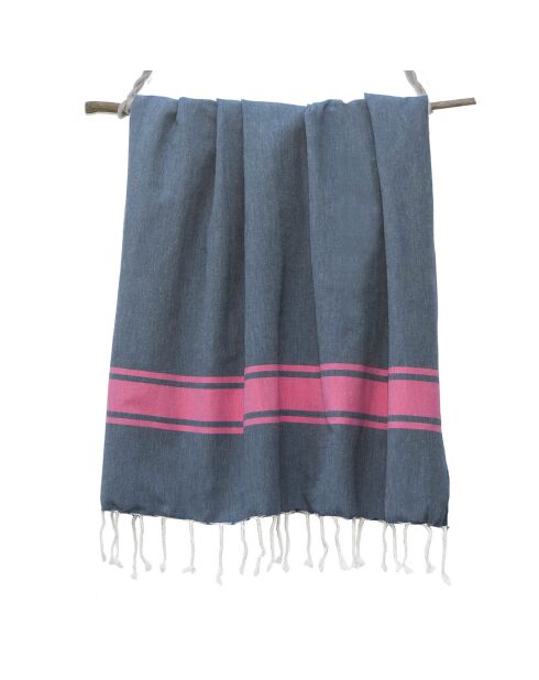 Fouta Traditionelle St Tropez bleu jean/rose fuschia - 100x200 cm
