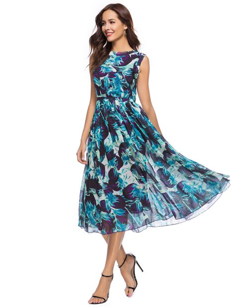 Robe mi-longue imprimée bleu/violet