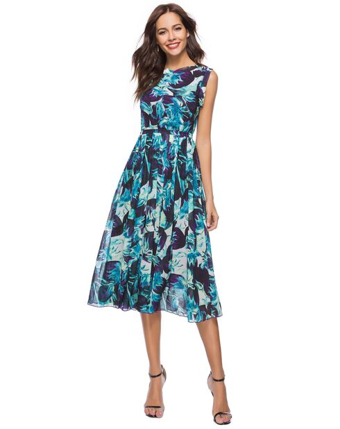 Robe mi-longue imprimée bleu/violet