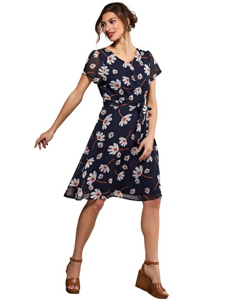 Robe courte fluide en voila imprimé bleu marine